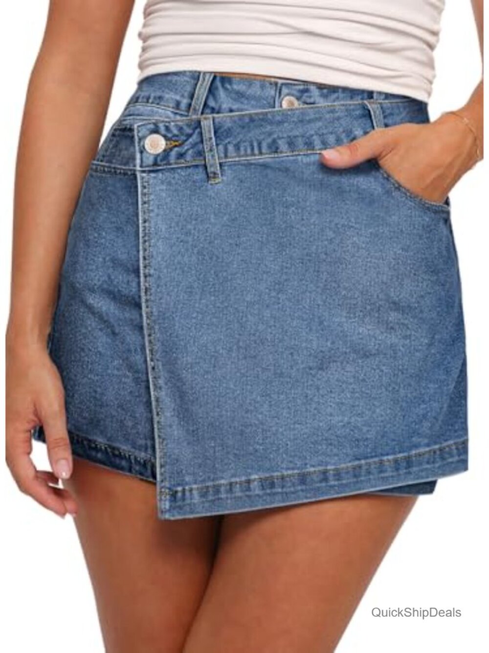 High Waisted Wrap Jean Skort - Stretchy Denim Skort with Pockets